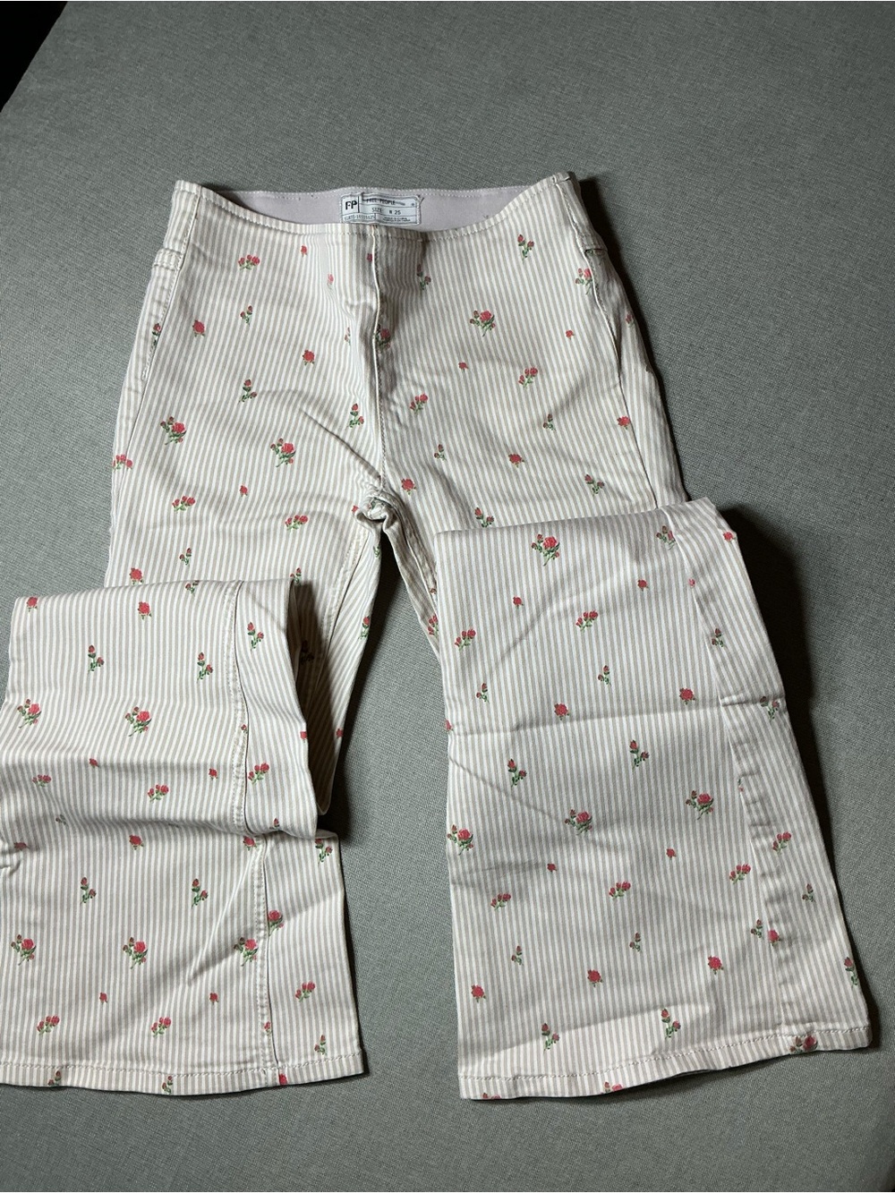 Free People Cream Pinstripe Wide-Leg Pants with Pink Floral Accent